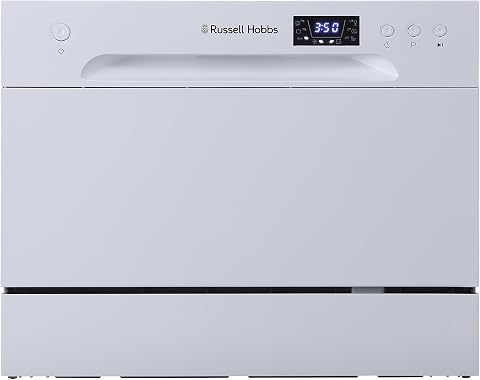 Russell Hobbs Table Top Dishwasher Compact Mini with 6 Place Settings, LED Display, Button Control, 6 Programmes, Portable & Efficient, 24hr Timer, Rinse & Eco Mode in White, RH6TTDW0D1W