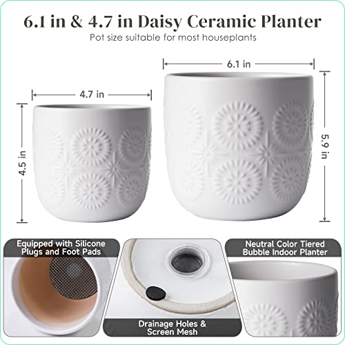 Jofamy Ceramic Pots For Indoor Plants, Houseplant Flower Pots 2 Set 6 In &4.7 In Indoor White Planters With Drainage, Spring Choice Christmas Plant Pot(Embossed Daisy) #TOP5