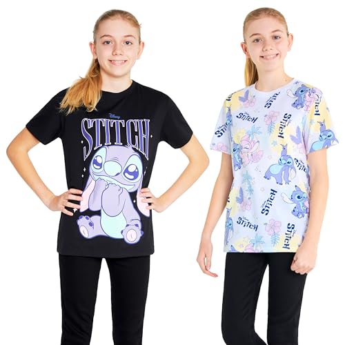 Disney Stitch Suave Camisetas para Niñas de Cuello Redondo, 2 Pack Tshirts (Negro/Blanco, 9-10 Años)
