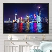 Framed Canvas Wall Art City Illuminations Aerial Cityscape Contemporary Multicolor Photography Places Realism - 16x24 inches