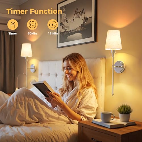Image of DORESshop Battery Operated Wall Sconce Set of 2, 7 Color Wireless Wall Light Easy to Install, Sconce Wall Decor Set of 2 for Bedroom, Living Room, Fabric Linen Shade, Nickel, 24.6in