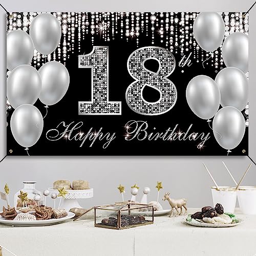 HTDZZI 18th Birthday Banner Backdrop, Happy 18th Birthday Decorations for Boys Girls, Black Silver 18 Year Old Birthday Party Yard Sign Photo Props Decorations Supplies for Men Women, Fabric by HTDZZI - Image 4