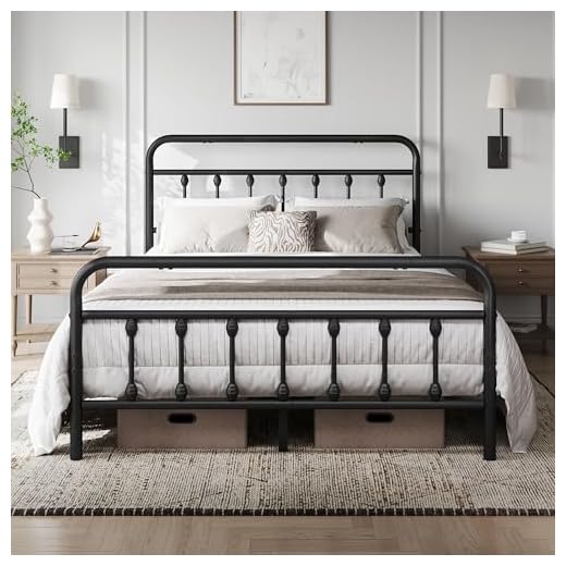 Yaheetech 4ft6 Double Bed Frame Vintage Iron Platform Bed with High Headboard and Footboard, Strong Metal-Framed Bed with Storage Black