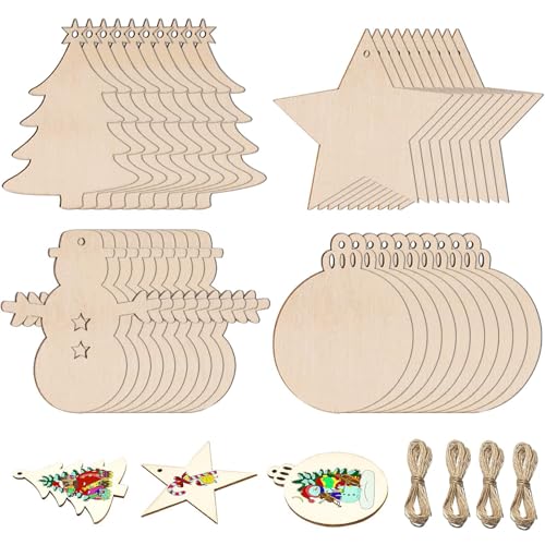 40Pcs DIY Wooden Christmas Tree Decorations Crafts for Adults Make Your Own Ornaments Round Wooden Chips Snowman Star With 4 Bundles of Rope