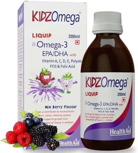 HealthAid KidzOmega Syrup โ Omega-3 DHA with Vitamins C, D & E | 200ml Mixed Berry Flavor | Supports Brain, Vision & Immune Health | Easy-to-Take Liquid Supplement for Children