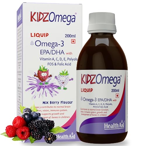 Image of HealthAid KidzOmega Syrup - Omega-3 DHA with Vitamins C, D & E | 200ml Mixed Berry Flavor | Supports Brain, Vision & Immune Health | Easy-to-Take Liquid Supplement for Children