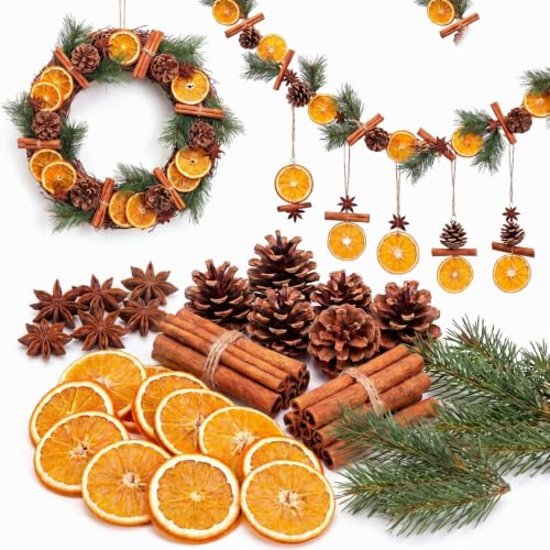 Naucoos Christmas Potpourri Decoration Xmas DIY Crafts Kit with Natural Dried Orange Slice Cinnamon Stick Star Anise Artificial Pine Branch Cones Rope for Wreath Garland Banner Farmhouse Ornament