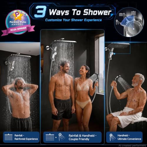 Image of Veken 12 inch Rain Shower Head with Handheld,High Pressure Power Wash,Magnetic | Dual Shower Heads Combo,8-Mode Hand Held Spray,Wand,Double Detachable Rainfall Showerhead with Arm,Bathroom Set,Chrome,Silver