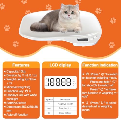 Tierwaage für Kleine Tiere, Höchstgewicht 15Kg (±1gram) LCD Digitale Katzenwaage Kleintierwaage mit 4 Wiegemodi (oz/ml/lb’oz/g) für Kleinen Katzen, Hunden, kleines Haustier, Küche, Futter(36 x 25,5cm)