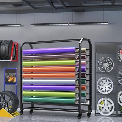 Adjustable Fabric Roll Storage Rack - Commercial Textile Display Rack with 10 Hanging Rods, Movable Organizer for Vinyl, Leather, Curtain, and Wallpaper Rolls