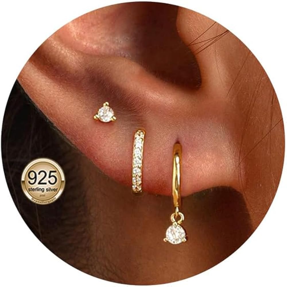Set 3 Paia Orecchini In Argento 925 DORANA - Punti, Cuori, Stelle E Fiori - Ipoallergenici, Piccoli, Per Piercing Multipli E Cartilagine