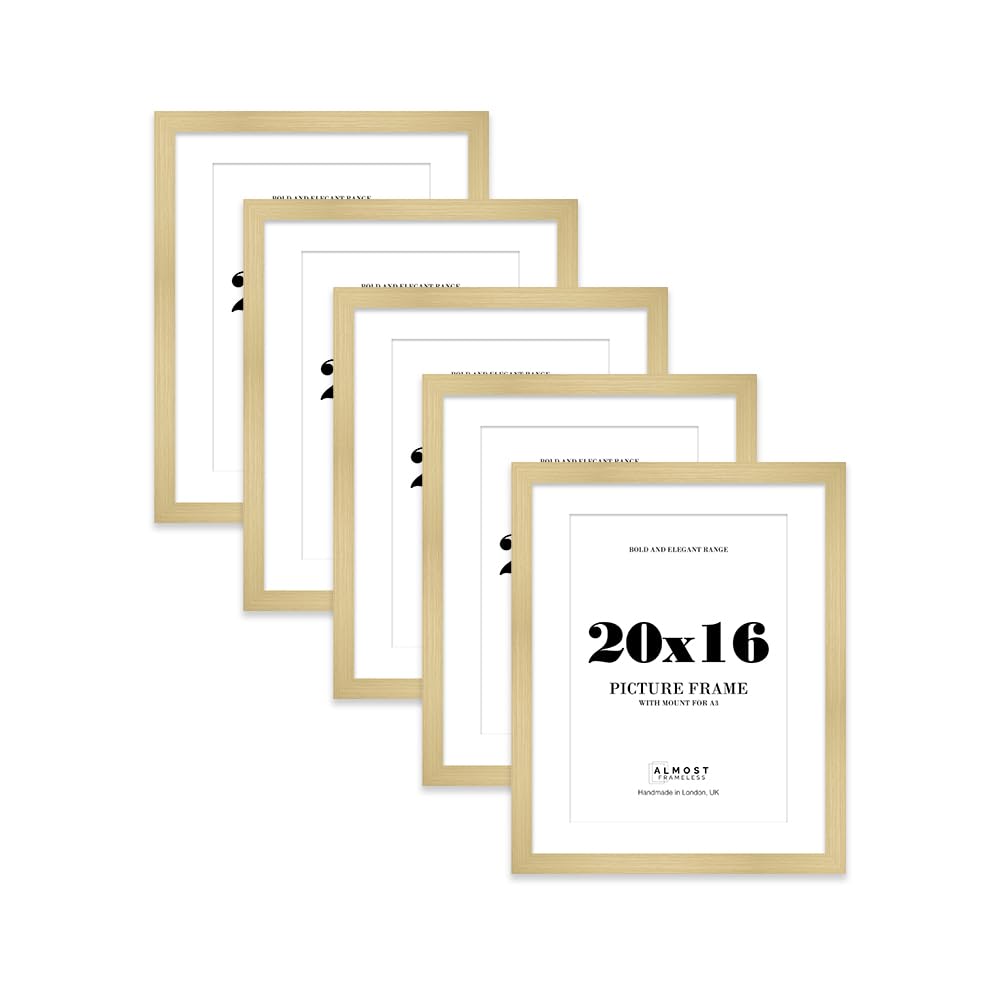 20x16 Gold Frame With Mount for A3 Pictures 28mm Edge Portrait and Landscape Display with Wall Hooks, 5 Pack