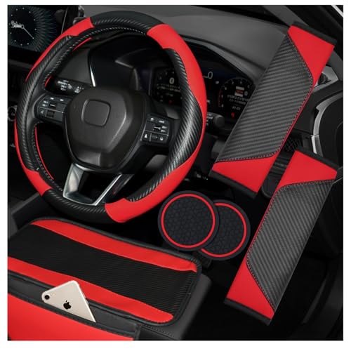 Hiseanllo 6PCS Red Car Accessories Set, Carbon Fiber Microfiber Leather Steering Wheel Cover 14.5-15", Center Console Armrest Cover, Seat Belt Pads & Cup Holder Coasters, Universal Interior Decor by Hiseanllo - Used condition - US$24.44