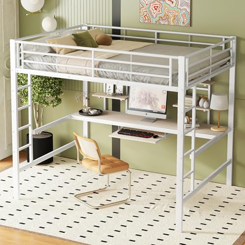 Miniatura 2 de Azkoeesy Cama Alta De 140 X 200 Cm Con Escritorio, 4 Estantes Para Libros, Bandeja Para Teclado Y 2 Escaleras Laterales, Cama Doble, Para Adolescentes Y Adultos, De Metal, Color Blanco