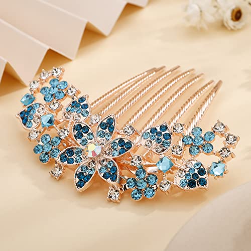 Jumwrit Crystal Bride Wedding Hair Comb Love Heart Leaf Colorful Rhinestone Flower Hair Side Comb Rose Gold Hair Clip Comb Floral Vintage Bridesmaid Headpiece Bridal Hair Jewelry For Women Girls(Blue) #TOP3