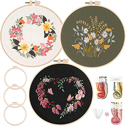 Myfelicity cat Pattern Embroidery kit, 3 Starter Set, Including 3 Embroidery Fabrics with Patterned, Embroidery Threads, Needles, Hoops and Instructions and Other Tools