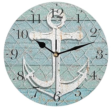 Nautical Anchor Wall Clock Silent Non Ticking Beach Wooden Modern Clocks Battery Operated Analog