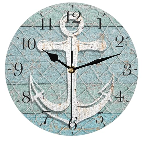 Nautical Anchor Wall Clock Silent Non-Ticking Beach Wooden Modern Clocks Battery Operated Analog Clock Decorative for Living Room Bedroom Kitchen Home Office Classroom