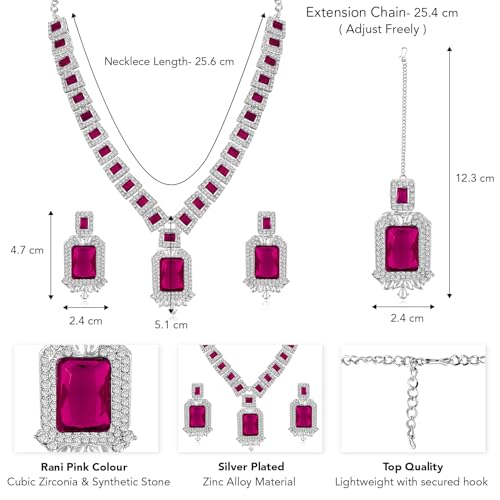 Image of Peora Silver Plated Crystal & Cubic Zirconia Studded Necklace Earrings Maangtikka Set Fashion Jewellery Gift for Women & Girls