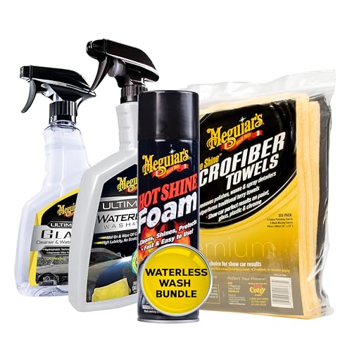 Meguiar's Waterless Wash & Wax Kit - Bundle Includes Ultimate Glass Cleaner & Water Repellent, Hot Shine Tire Foam and Supreme Shine Microfiber Towels