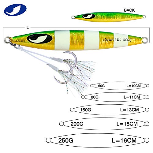 Ocean Cat Slow Fall Fishing Luers Mental Lead Jigging Sea Baits Flat Hooks 5 Colors 5 Weights (Each Color 1 Pc(All 5 Pcs), 2 5/6Oz(80G)) #TOP1
