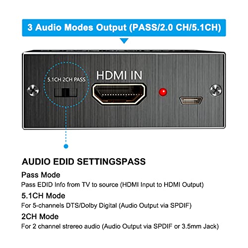 Ozvavzk HDMI Extracteur Audio 4Kx2K Adaptateur Audio HDMI vers HDMI Optique SPDIF avec 3.5 mm Audio Stéréo 5.1CH 2.1CH Extracteur son HDMI pour PS3 Blu-Ray DVD Xbox TV-Aluminum