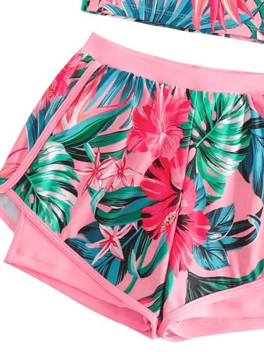 OYOANGLE Girl's 2 Piece Tropical Print Swimsuits Bathing Suits Short Sleeve Top and Swim Shorts Set4
