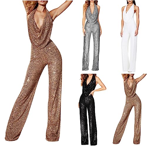 HGps8w Women\'s Sexy Halter Cowl Neck Sparkly Jumpsuits Clubwear Sleeveless Elegant Sequins Bodycon Wide Leg Pants Rompers