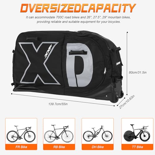 Portable Bike Travel Bag with Wheels, 55\" Padded Bicycle Transport Case for 700C Road & 26\"-29\" Mountain Bikes – Waterproof 600D Nylon, 8 Handles, YKK Zippers, Foldable Cycling Carrier