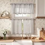 jinchan Kitchen Curtains and Valances Set Gray Striped Tier Curtains Ticking Stripe Linen Curtains Pinstripe Cafe Curtains 24 Inch Living Room Bathroom Farmhouse 3 Pieces Set Rod Pocket Grey on Beige