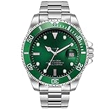 RORIOS 自動巻き腕時計 メンズ automatic watch 機械式うで時計 メカニカル 日付表示 アナログ 防水 回転ベゼル 蓄光夜光 ステンレスバンド 人気 高級 メンズビジネスウォッチ 見やすい文字盤 男性 紳士 就活 深緑・シルバー