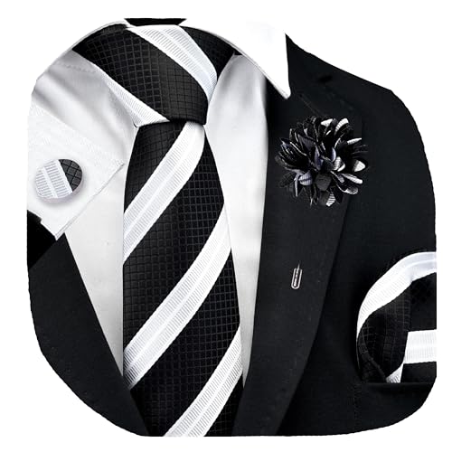 GUSLESON Black White Tie for Wedding Mens Silk Striped Necktie Pocket Square Cufflinks and Lapel Pin Brooch Set (6108-51)
