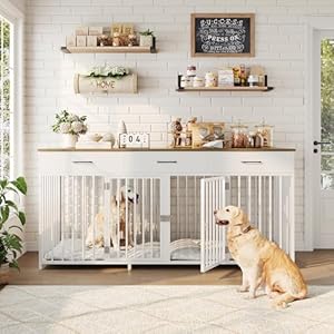 HOSTACK Double Dog Crates Furniture, 71" Wide Indoor Dog Kennel with 3 Drawers, Farmhouse Dog Cage for 2 Large/Medium Dogs, Heavy Duty Dog Crate with Removable Room Divider, Wooden Pet House, White HOSTACK Double Dog Crates Furniture 71 Wide Indoor Dog Kennel with 3 Drawers Farmhouse Dog Cage for 2 LargeMedium Dogs Heavy Duty Dog Crate with Removable Room Divider Wooden Pet House White