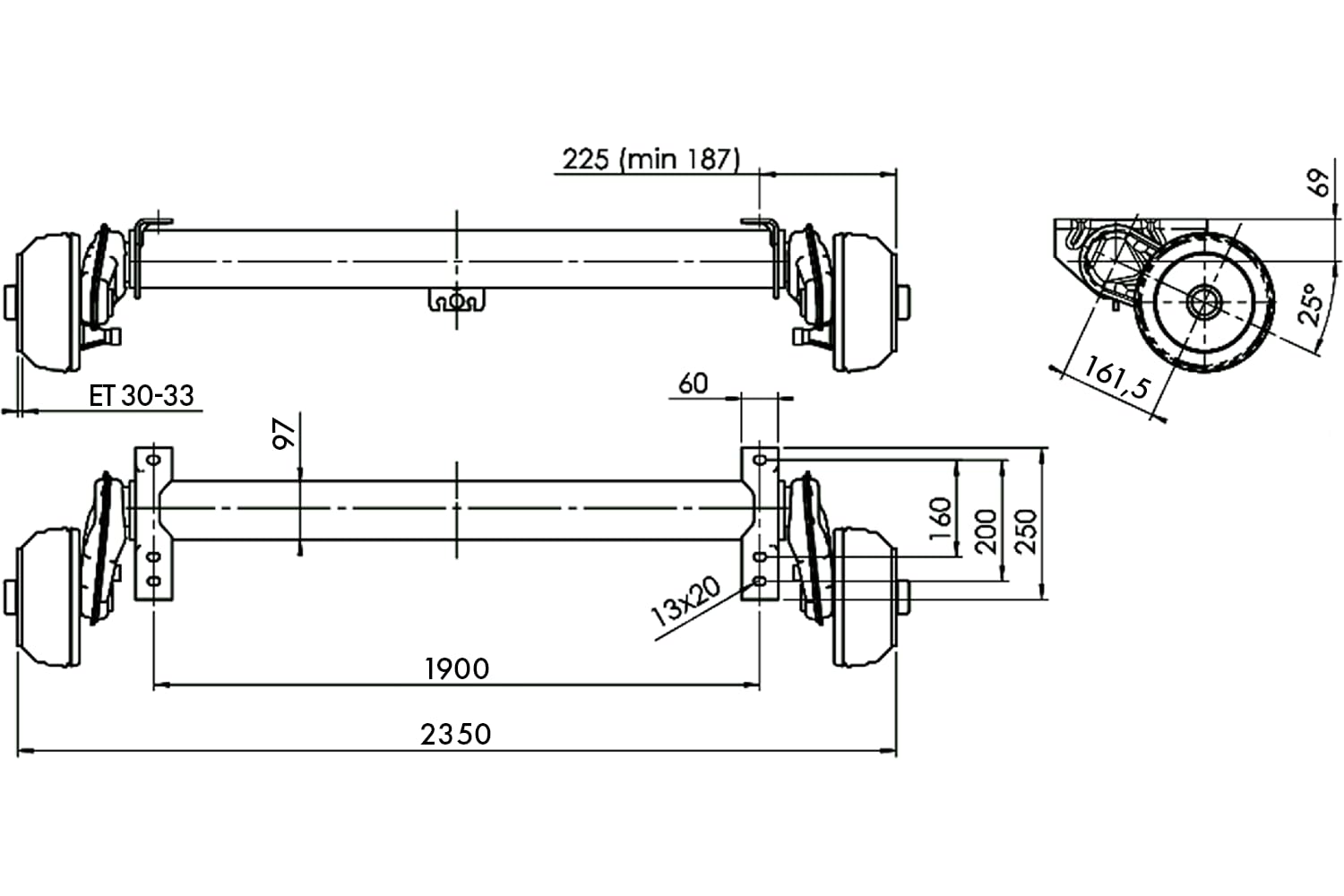AL-KO COMPACT Gebremste Anhängerachse 1350 kg 1900 mm Auflagemaß 2350 mm Anlagemaß 5x112 Radanschluss Schwinghebel 161,5 mm Achse für PKW Anhänger Autotransporter Räder Reifen
