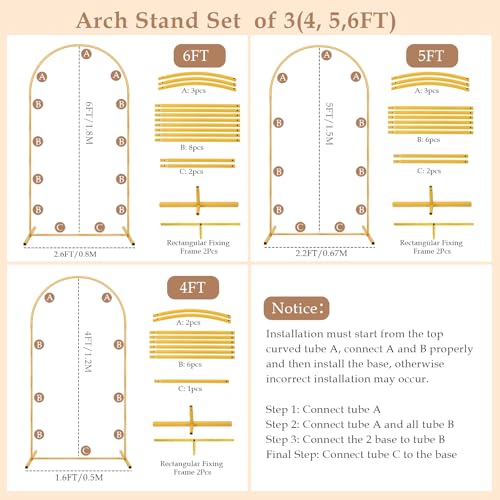 Metal Arch Backdrop Stand Set of 3(6 ft, 5 ft, 4 ft) Party Arch Stands for Wedding, Birthday, Baby Shower, Bridal Shower, Balloon Arched Frame for Garden Decor, Gold Floral Arches,Valentines Day by Nisoger - Image 9