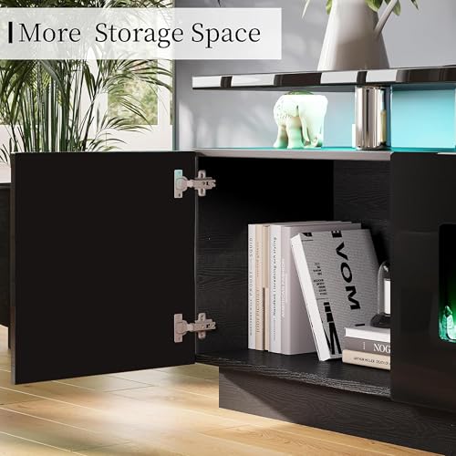 Image of AMERLIFE 80 inch High-Gloss Fireplace TV Stand with 40 inch Electric Fireplace | Black LED TV Console, Modern Living Room Entertainment Center, Fits TVs up to 90 inch, 2 Cabinets, 2-Tier Storage Space