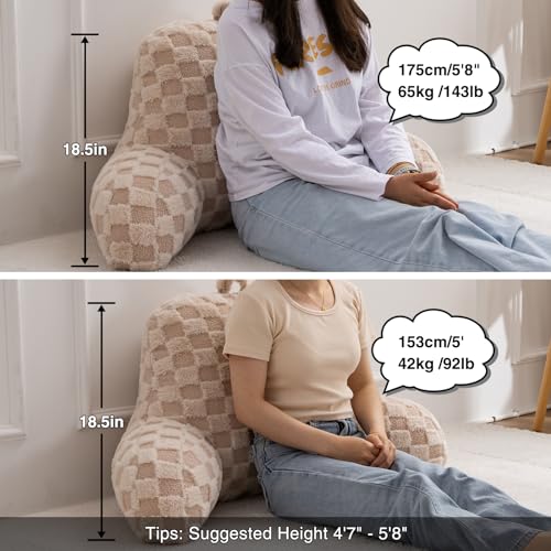 A Nice Night Faux Fur Reading Pillow,Checkered Fluffy Grid Plaid,Bed Wedge Pillow Large Adult Children Backrest with Arms for Bedrest,Beige