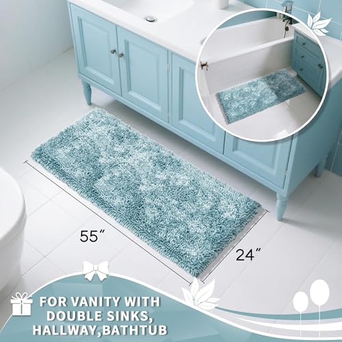 Image of Yimobra Long Bathroom Rugs Runner 55x24 Inch, Extra Thick Soft Absorbent Chenille Bath Mat, Non Slip Machine Washable, Quick Dry Bath Rugs for Bathroom Floor, Tub and Shower, Greyish Blue