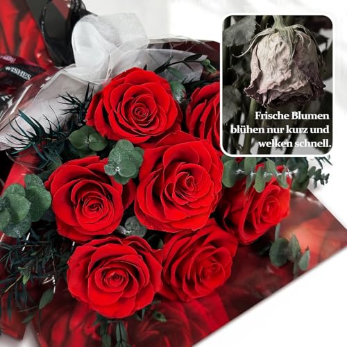 Ewige Rosen Blume Strauß mit Vase und LED Licht, 7 Rosenstrauß Konservierte Blumenstrauß Infinity Rosen Strauß Geschenke für Frau, Freundin, Mama zum Geburtstag, Valentinstag, Weihnachten