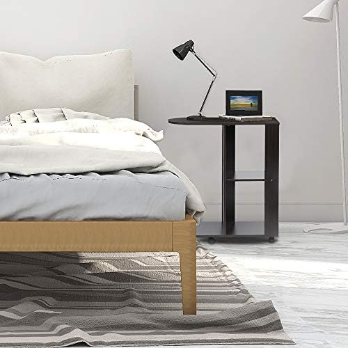 QIHANG-UK Mobile Sofa Side Table for Small Spaces, Wood Rolling Blackish-Brown Walnut End Table with Wheels, Open Shelves for Bedroom, Living Room, Office
