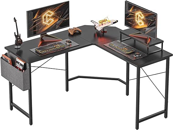 L-Form Gaming Schreibtisch Mit RGB-LED & Monitorablage – 129 Cm Eckschreibtisch In Kohlefaser-Optik