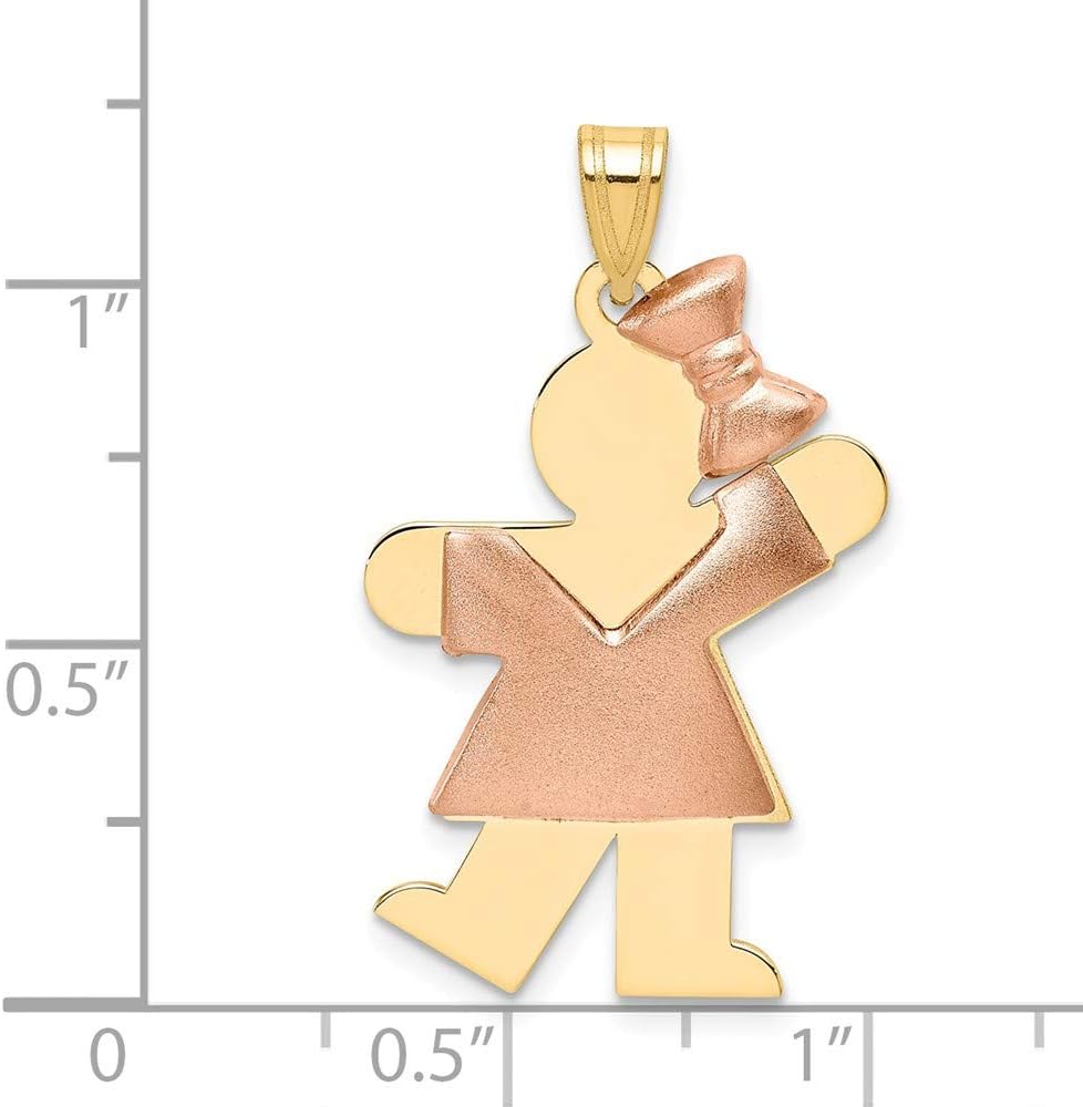 Solid 14k Two Tone Puffed Girl with Bow on Right Engravable Charm Pendant (30mm x 20mm)