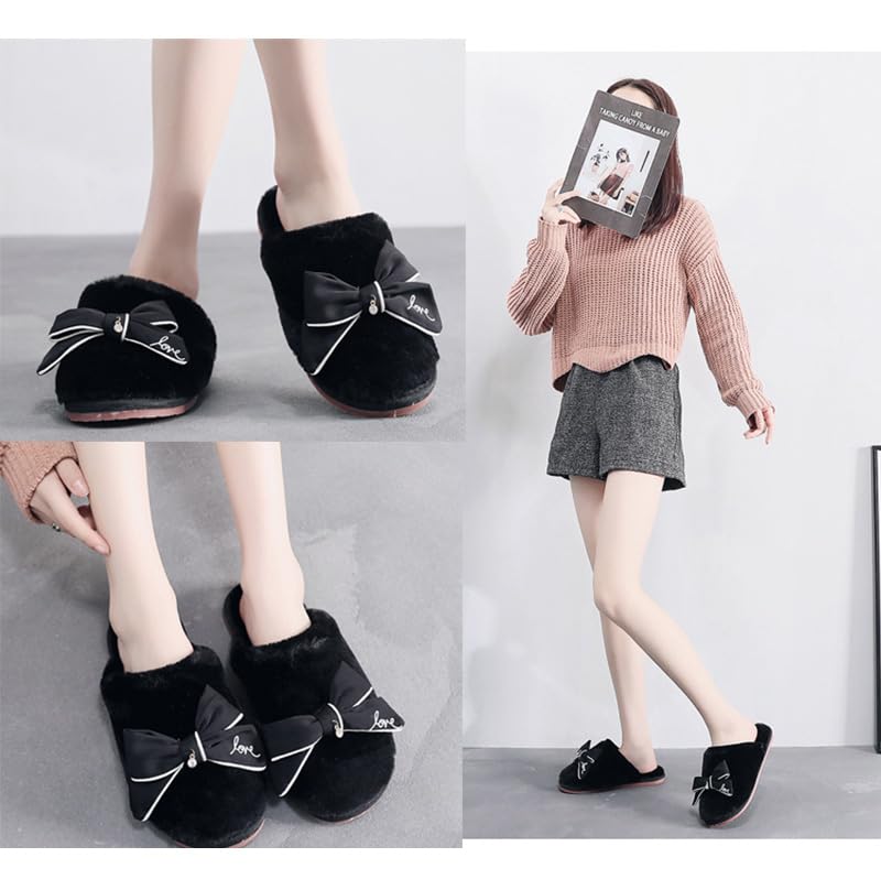 HAOZAIKEJI Women Warm Bowknot Slippers Girl Fashion Flat Slippers Closed Toed Home Floor Slippers Soft Non-Slip Sweet Warm Footwear4