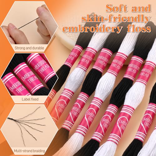 Image of Embroidery Floss,12 Skeins Black and White Embroidery Thread