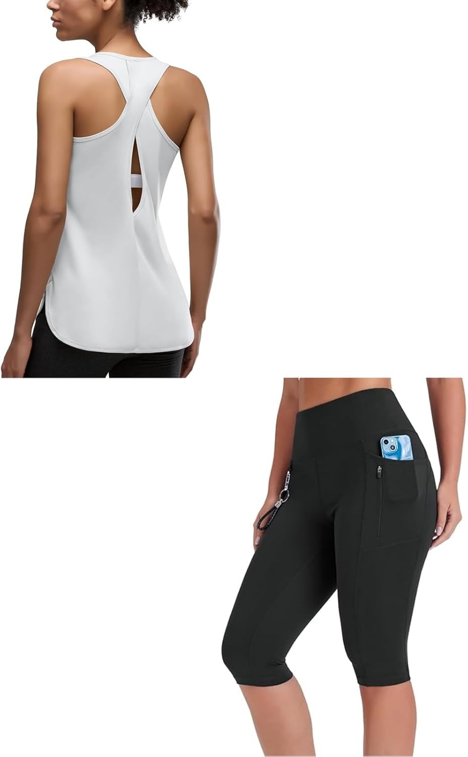 Knee Length Shorts Black Small and Women's Sleeveless Workout Racerback Tank Tops White Small