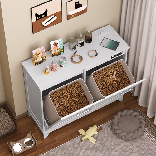 Image of Double Tilt Out Trash Can Cabinet with Charging Station, Negative Ion Odor Control, Hidden Dual 10-Gallon Recycling Cabinet, Dog Proof Garbage Can for Kitchen, Laundry, Dining Room,White