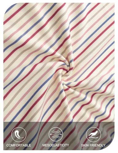 MEROKEETY Women's Summer Short Sleeve Shirt Casual Colourful Striped Crewneck Loose Tops Blouse, Beige, Medium