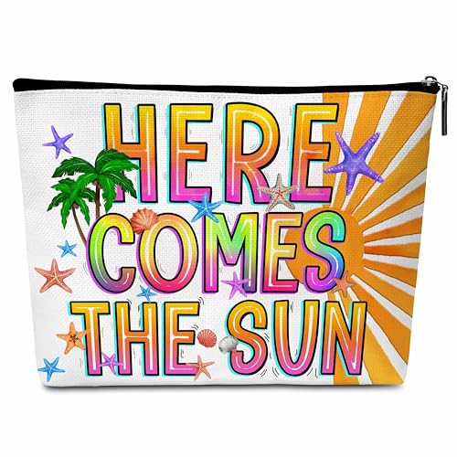 Beshoul Here Comes the Sun Summer Makeup Cosmetic Bag with Zipper for Women, Vacation Sunshine Gifts Beach Accessories Travel Makeup Organizer Pouch - C01