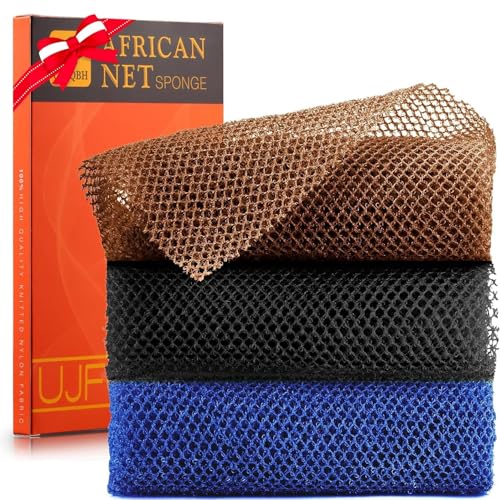 UJFQBH 3 Pieces African Bath Sponge African Net Long Net Bath Sponge Exfoliating Shower Body Scrubber Back Scrubber Skin Smoother,Great for Daily Use