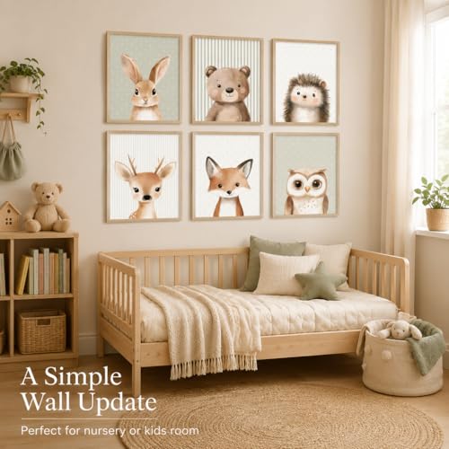 Solid Wood Frame Woodland Animal Nursery wall art Jungle Animals Painting Picture Wall Decor Fox Bear Deer Forest Animal Poster Printing art work for Playroom Baby Room Home Deco Wrapped Canvas by Generic - Used condition - Image 4